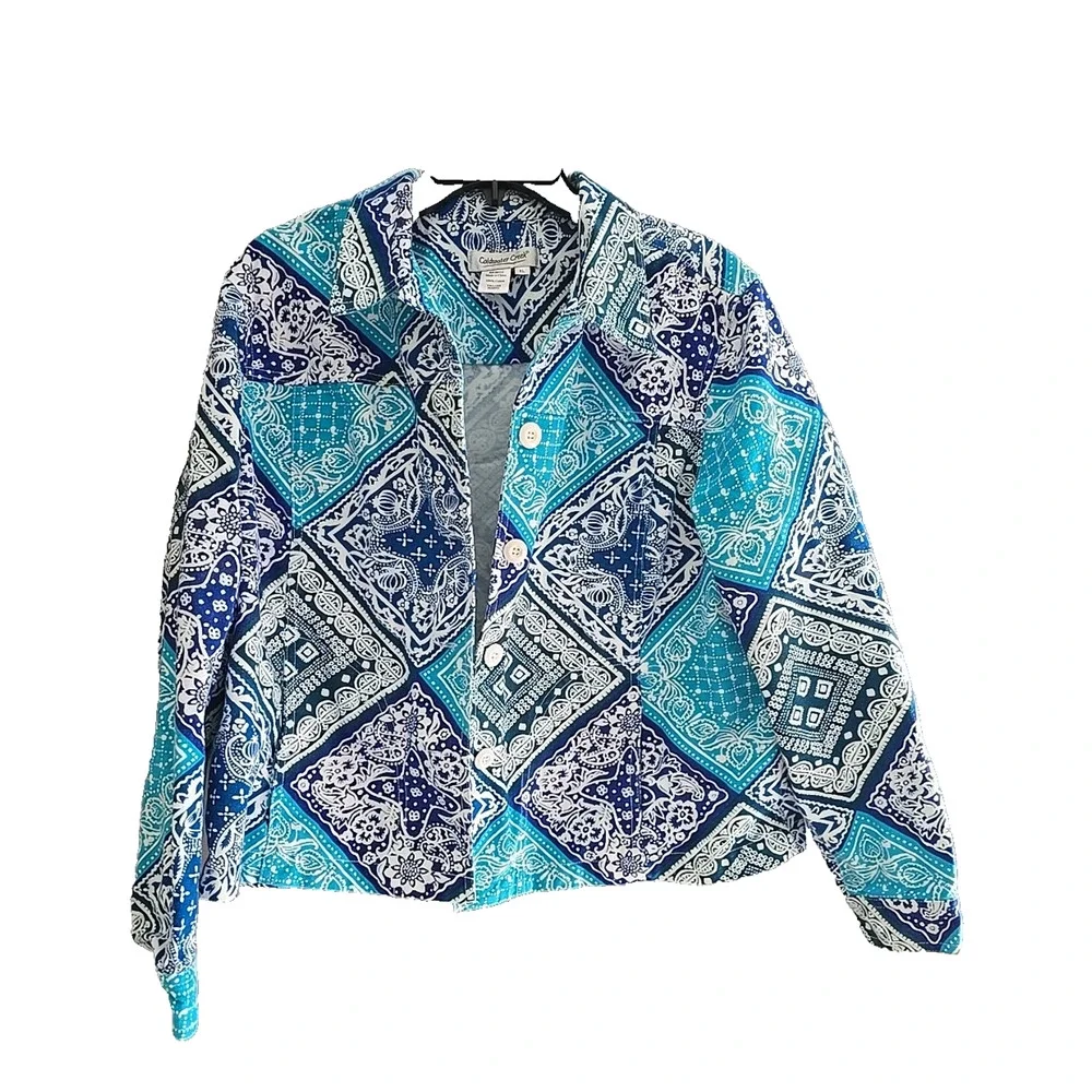 Coldwater Creek Blue Argyle Paisley Button Front Long Sleeve Top Womans Size XL‎